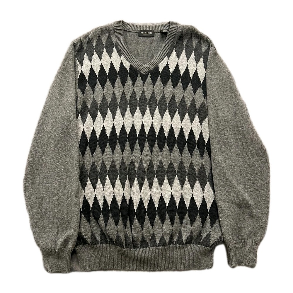 Van Heusen Sweater Mens XL Multi Argyle Tight Knit Rib Hem & Cuff Stretch Winter